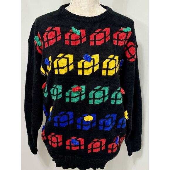 VTG KNIT WORKS Holiday Presents Ugly Christmas Sweater Color Block Wool Large L - Picture 1 of 2